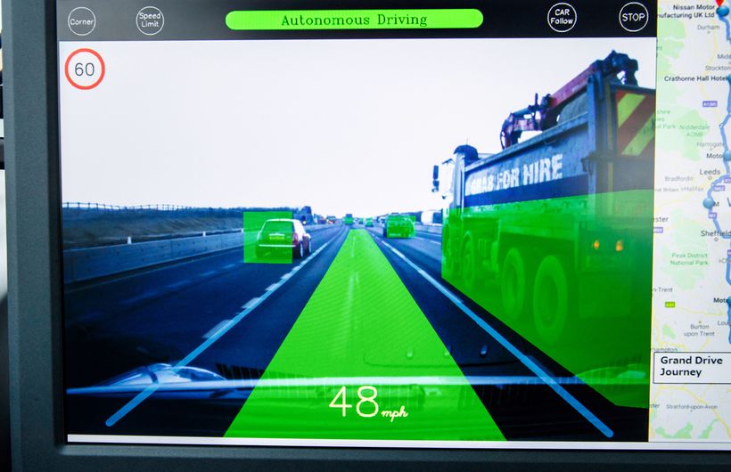 Self driving autonomous Nissan Leaf prototype computer screen showing processor calculations